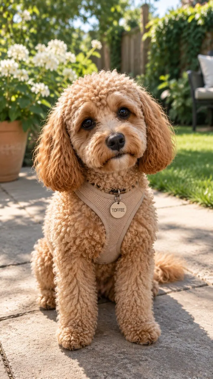 Toffee, a cockapoo in a harness, sitting in a sunny garden before his talking-pet video is made